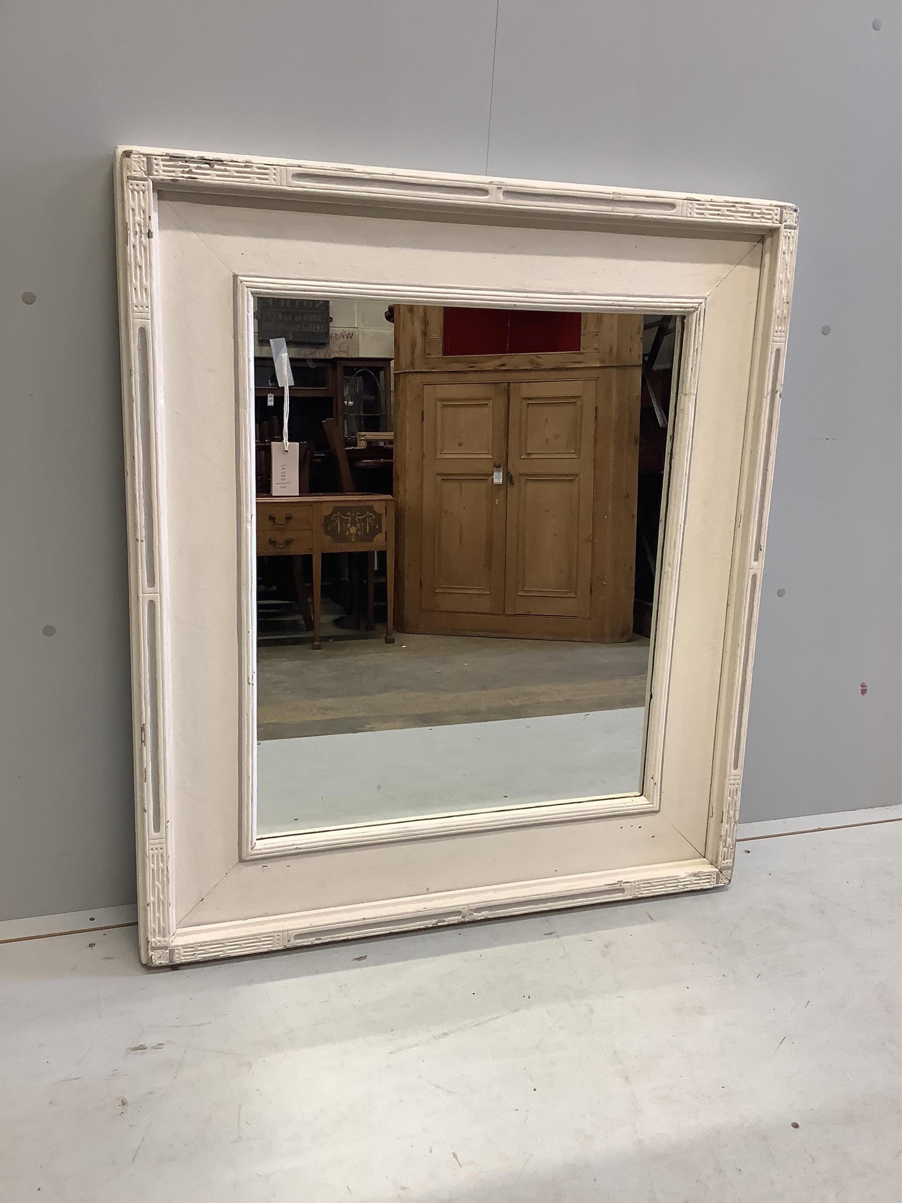 A rectangular painted pine Gustavian style wall mirror, width 94cm, height 107cm. Condition - fair